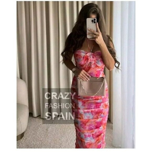 Zara Floral Printed Tulle Dress Off-Shoulder Pink 5039/680 Bloggers Small - Picture 6 of 8